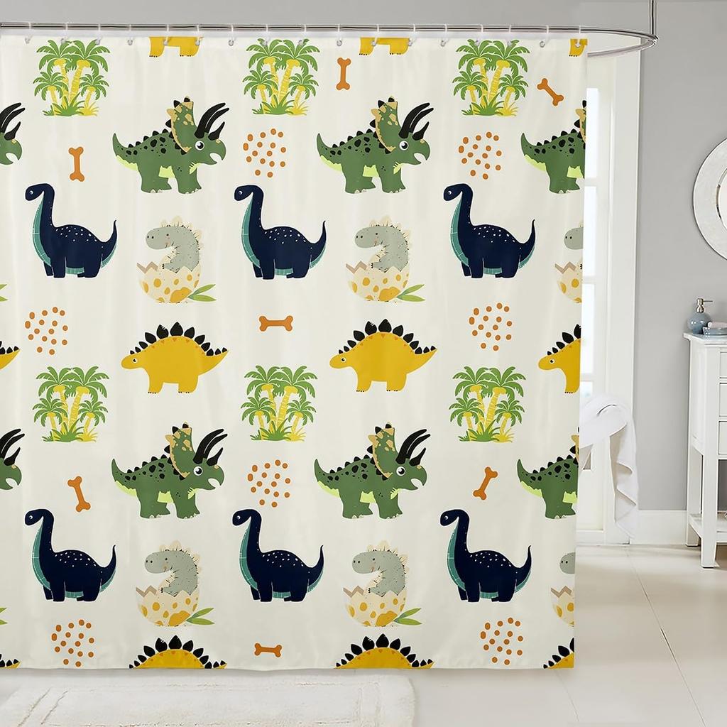 Cartoon Dinosaur Shower Curtain Coconut Tree Hawaii Tropical Bathroom Shower Curtain Sets | Ancient Wild Animals Waterproof