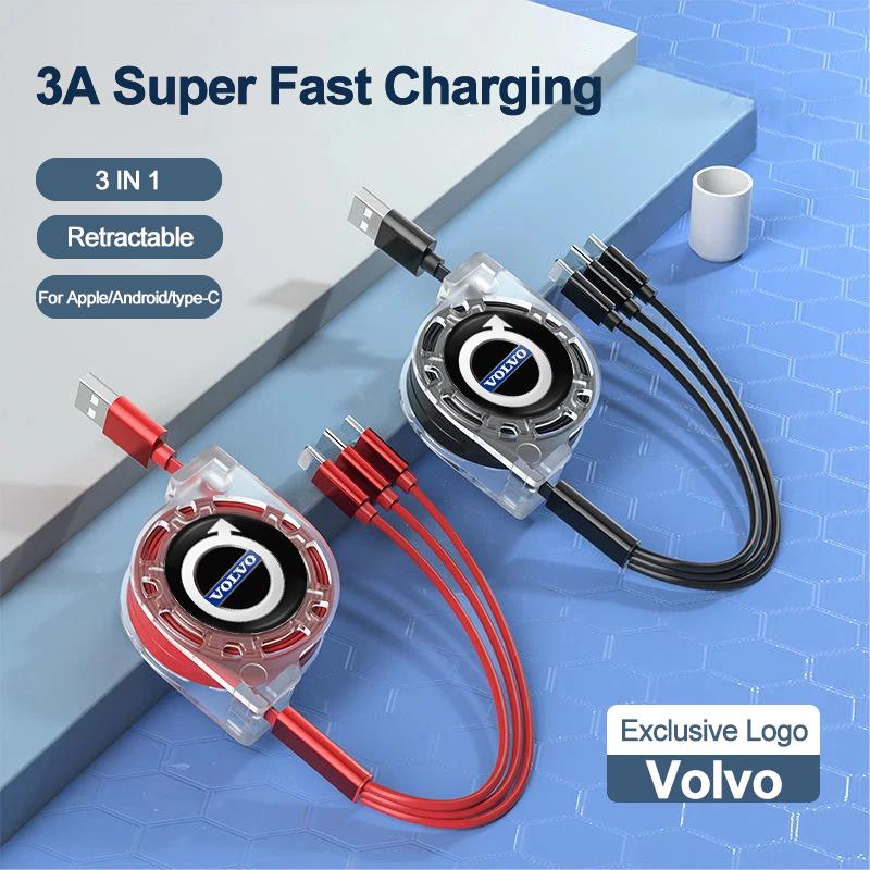 Volvo Car Logo Fast Charging Cable 3 In 1 UsB Cable Type C Micro USB For V50 C30 S90 S80 R XC60 XC40 S60 V90 V60 V70 T6 XC90 V40