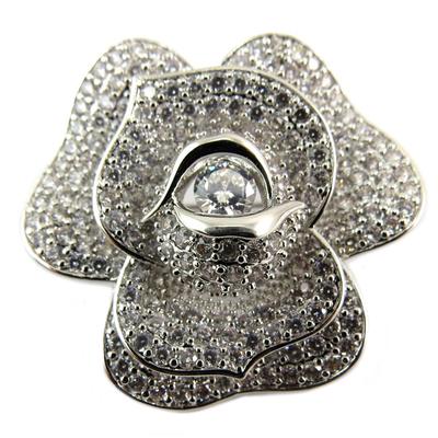 [P8126] - Designer Brooch 'Rosa Romantica' Silver White - 35x35 Mm
