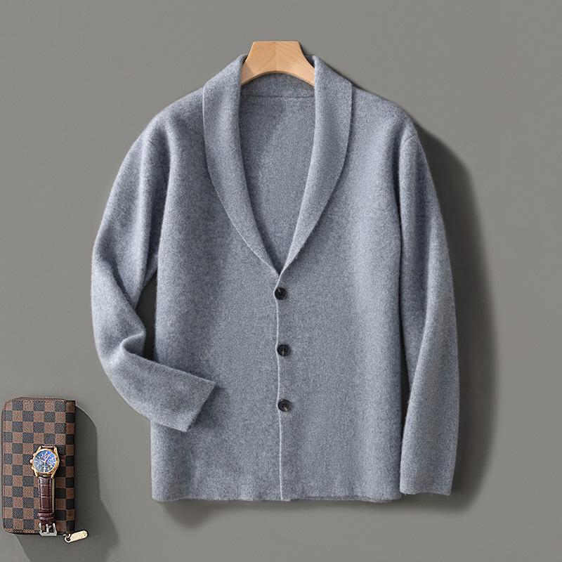 

Men s Thickened Pure Wool Cardigan Sweater - Green Collar & Buttons, Fashionable Casual Knit Jacket 3XL