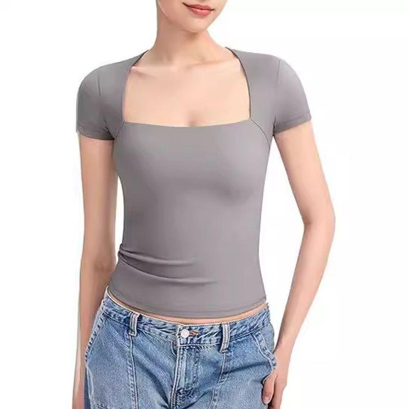 Solid Color Square Neck Short Sleeved Top Pure Color Square Collar Short Sleeve Tops Female