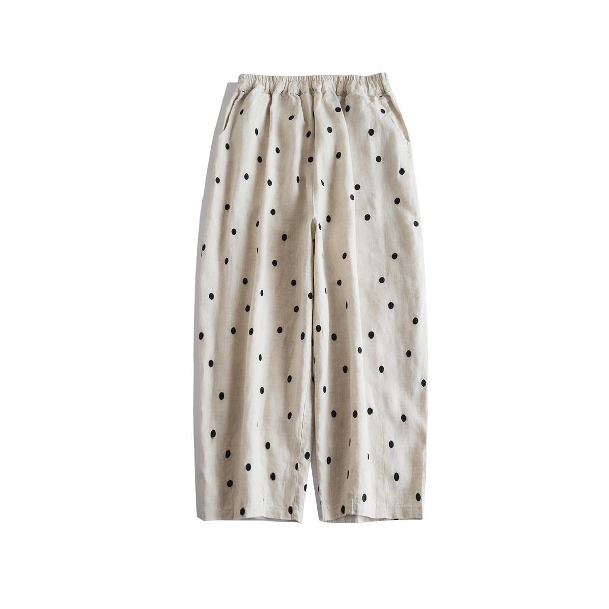 

Polka Dot Heavy Embroidery Radish Pants: 14 Linen, Simple & Versatile, Leg-Shaping Loose Cropped Design One Size