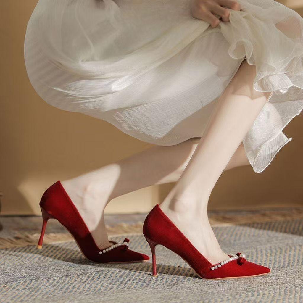 2025 spring and autumn new wedding shoes show clothes wedding dress two wear single shoes bride shoes thin heel pearl red high heels