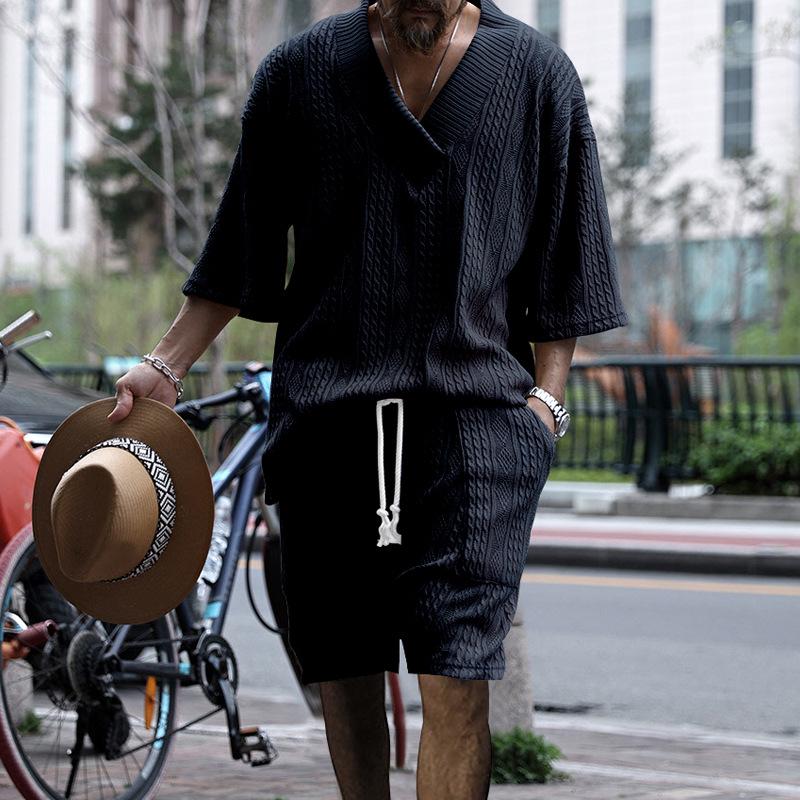 Men's Summer V-neck Jacquard Casual Suit - Short Sleeve & Shorts Two-piece Set