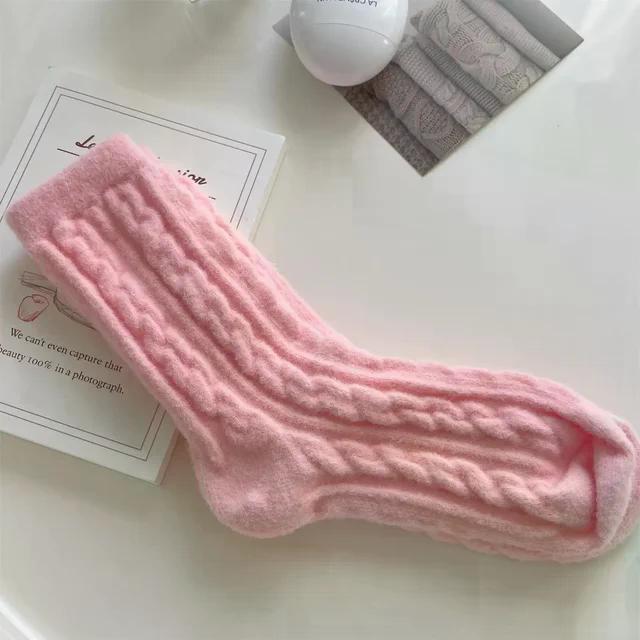 Winter warm wool socks plus fleece thickened plush sleeping socks Candy colored knitted striped women socks cute fashion socks