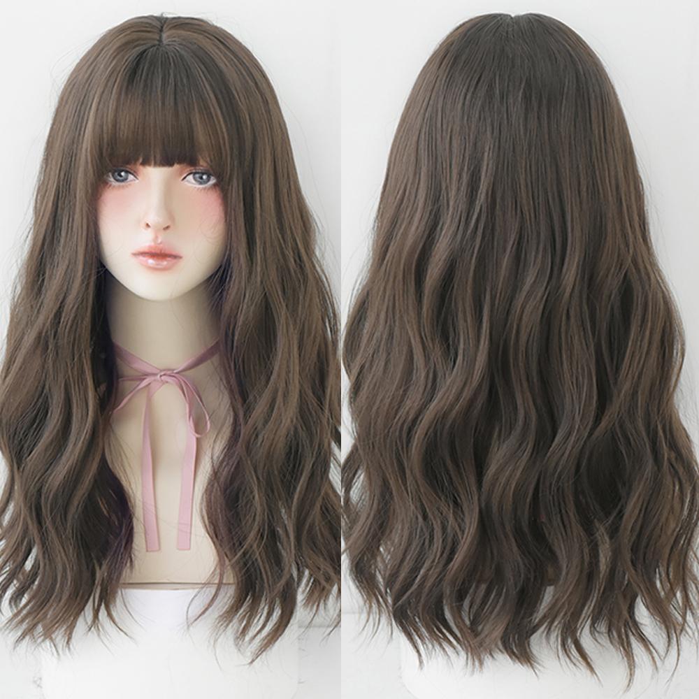 Довга хвиля синтетична перука з чубчиком Жіноча термостійка перука для косплею на кожен день з натуральним волоссям