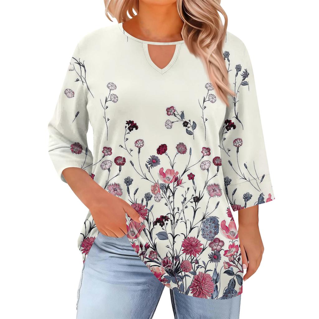 Women's Fashion Casual Round Neck Three-Quarter Sleeve Oversized Print Top