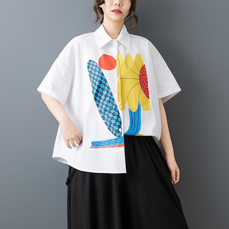 DIMANAF 2026 Plus Size New Summer Blouse Shirt Print Short Sleeve Casual Women Loose Tops Shirts Cotton