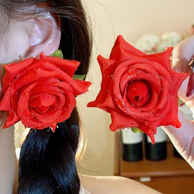 Retro Cloth Rose Flower Earrings French Style Jewelry Floral Stud Earrings Large Solid Color Drop Earrings Women