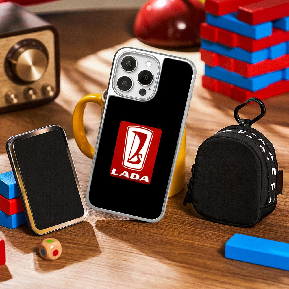 Cool Car L-la-Da Fashion Logo Design Phone Case for iPhone 16 15 14 13 12 11 Pro Max Sheepskin Silver-edged Protective Case