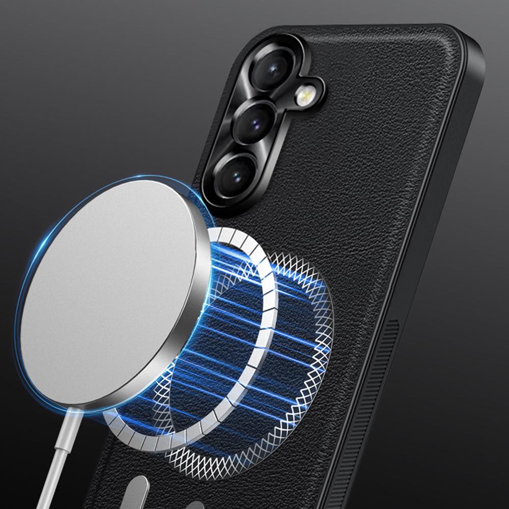 For Samsung Galaxy S24+ Case Compatible with MagSafe PU TPU PC Phone Back Cover with Metal Lens Frame