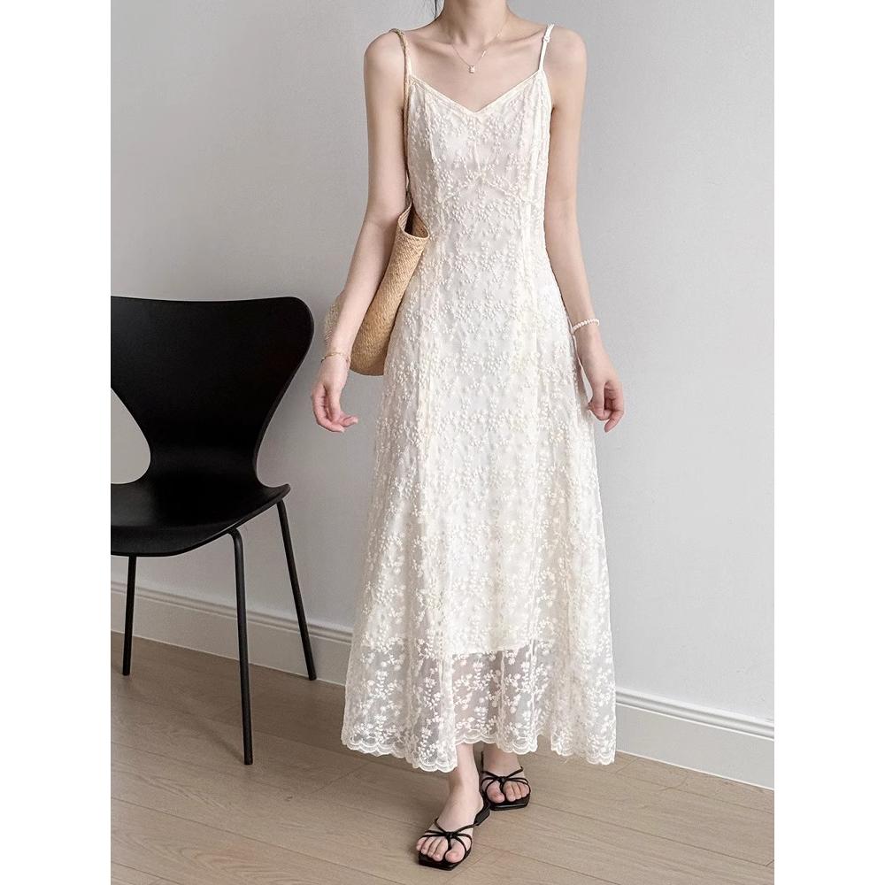 Lace Sling Dress Women Summer Embroidered Sweet Simple Basic Party Elegant Female Sleeveless Long Dress