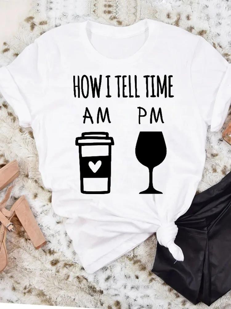 AM Coffee PM Red Wine TShirt Casual Short Sleeve Y2k Tops Womens Clothing Simple Design Fashion Harajuku White Graphic Tees