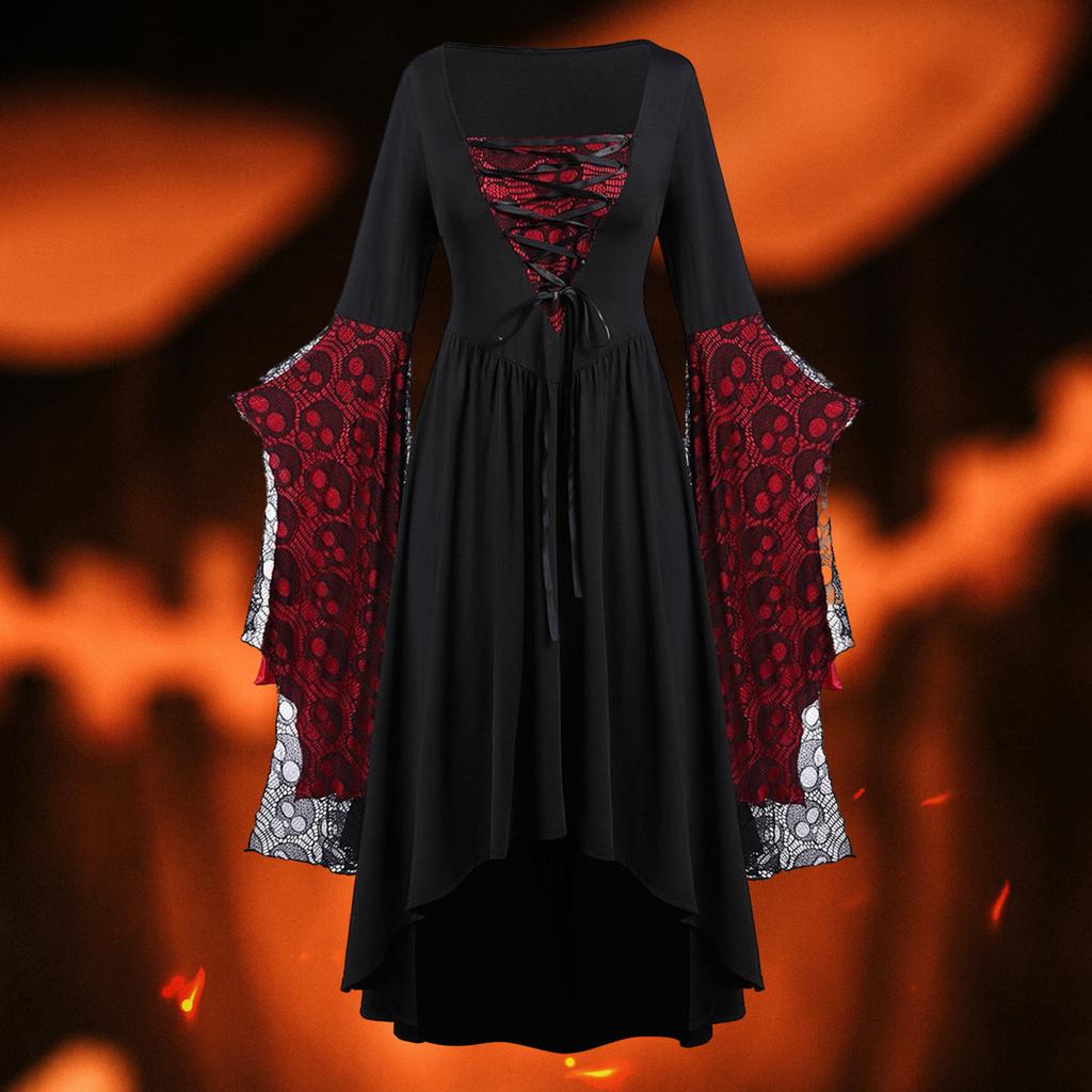 Renaissances Costume Gothic Lace Up Maxi Dress Medieval Dress with Trumpet Sleeves Wickeds Witch Costumes for Womens