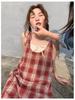 Red Plaid Lace Spaghetti Strap Dress - Women's Summer Beach Holiday Style