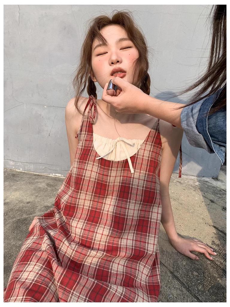 Red Plaid Lace Spaghetti Strap Dress - Women's Summer Beach Holiday Style