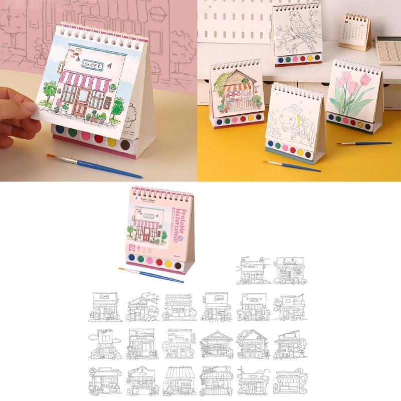 Kids Doodling Book with Watercolor Paint and Brush Twin Coil Binding Art Drawing Pad for Kid Beginner Outdoor Sketching