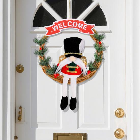 Christmas Gnome Wreath 13 Inch Artificial Vine Wreath with Soldier Gnome Front Door Welcome Sign for Indoor Outdoor Xmas Home Porch Decor