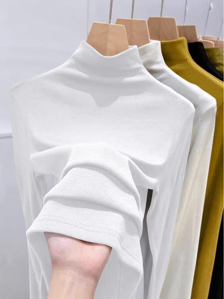 Versatile Women's Base Layer Shirt: Semi-High Neck, Ribbed, Brushed, Warm, Long-Sleeve T-shirt for Spring/Autumn.