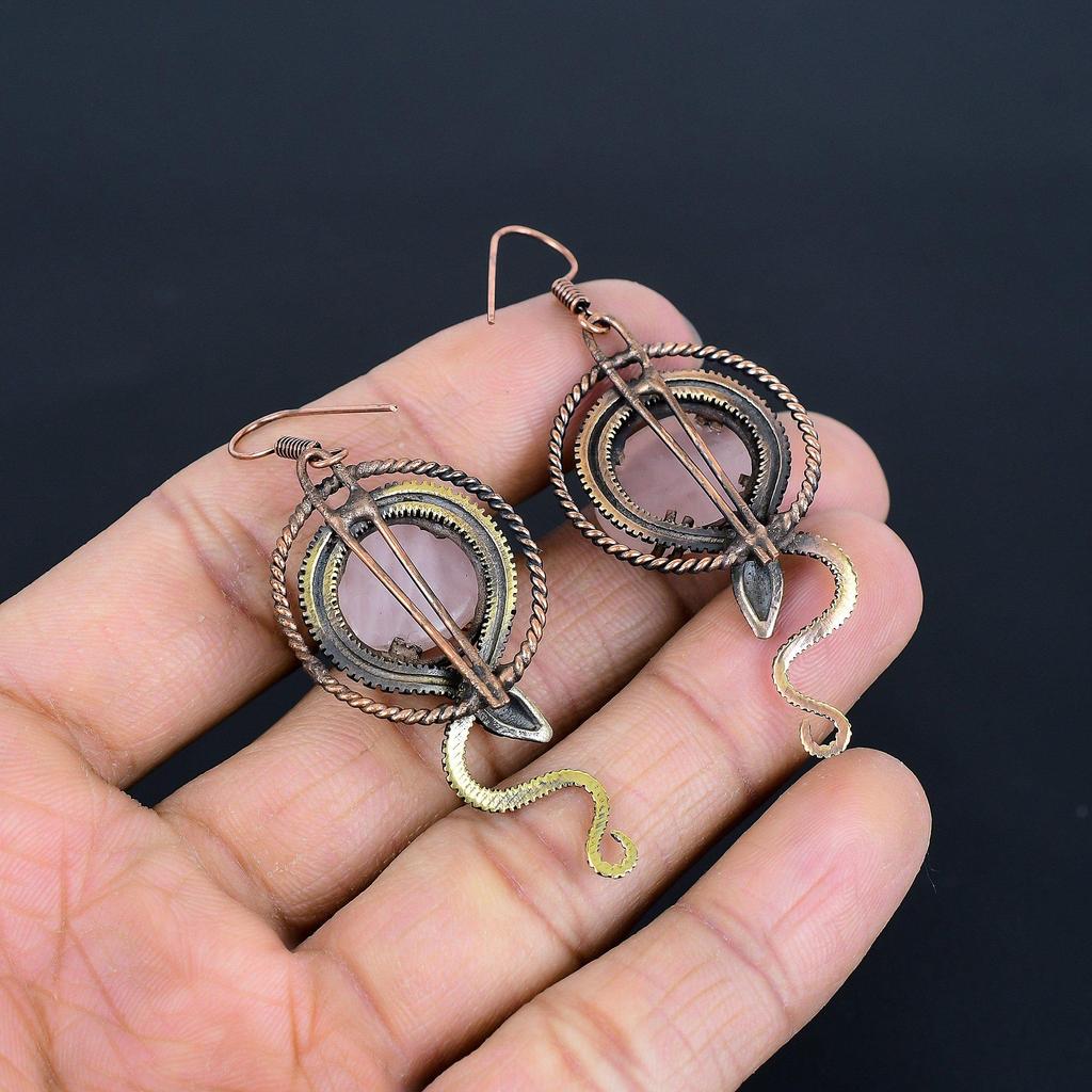 Rose Quartz 999 Copper Wire Wrapped Earrings, Handmade Gemstone Earrings Jewelry, Gifts For Wife Brand New Earrings