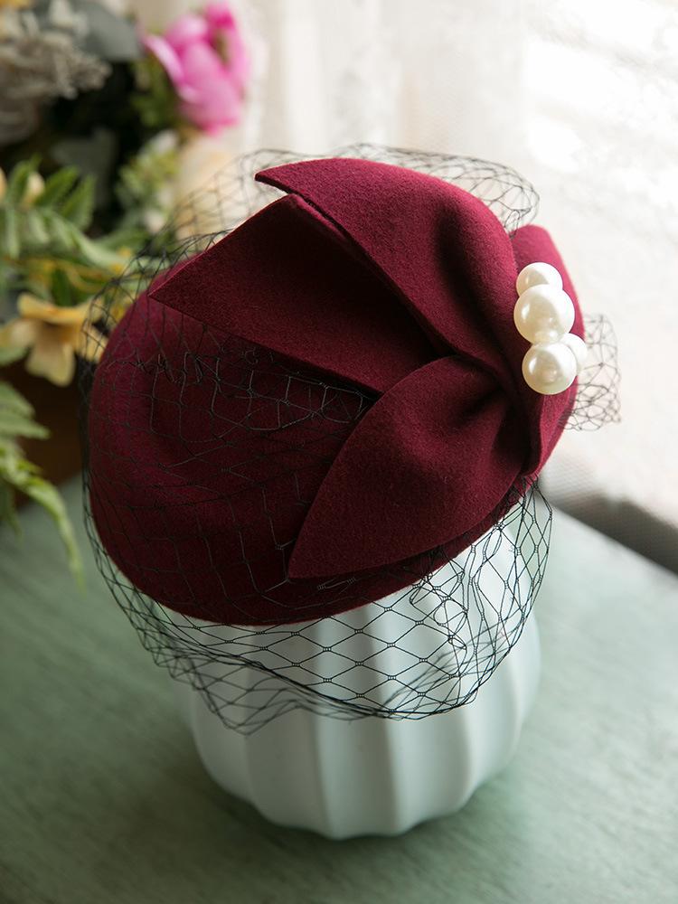 Französische Elegante Britische Vintage Netz-Barett Woll-Zylinderhut Hochzeitskleid Bankett Weiße Brautkopfbedeckung