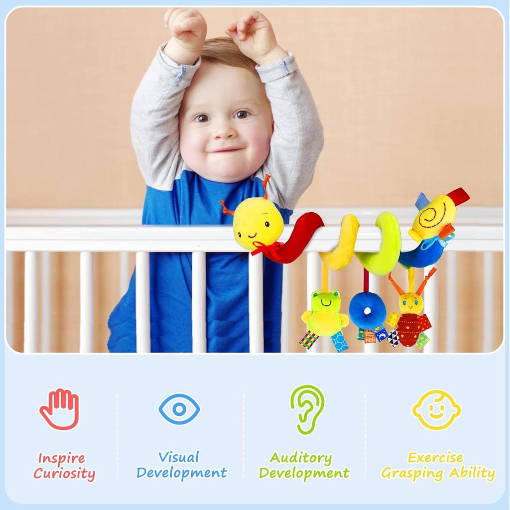 Baby Crib Hanging Rattles Toys-Infant Baby Worm Crib Bed Around Rattle Bell Cartoon Insect Spiral Hanging Toy with Ringing Bell for Infant BedStroller
