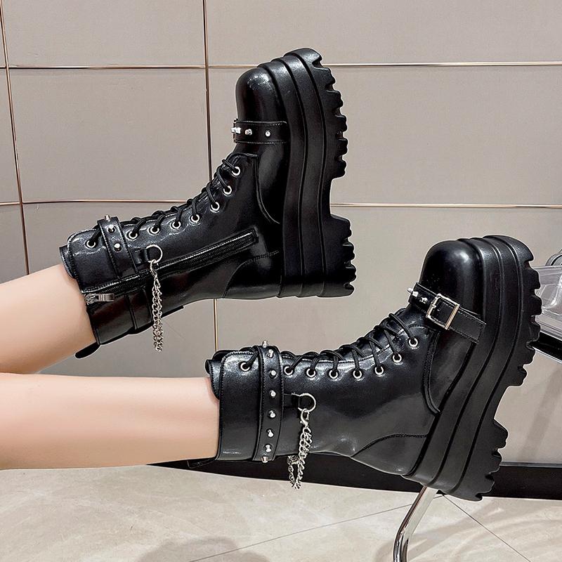 Platform Thick Gothic Boots Lady Buckle Autumn Shoes Women Wedges Knee High Boots Punk Street Cosplay Botas Motorcycle Chain