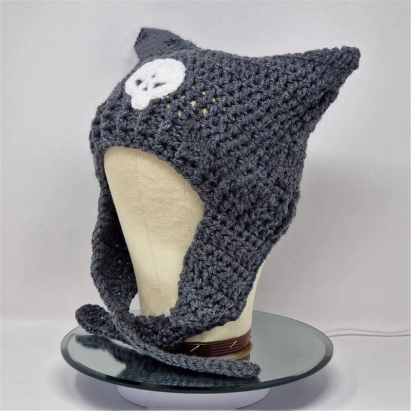 Y2K Anime Ear Cap Windproof Hat Female Beanie Headwear Handcrochet Pullover Hat