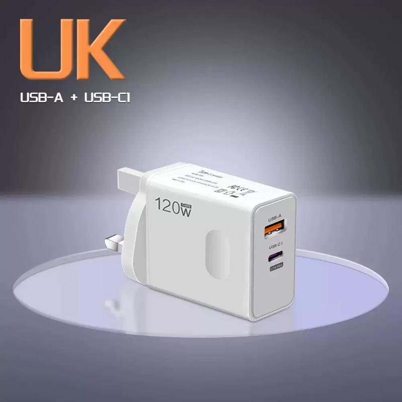120W Schnellladeblock UK EU US Universeller Stecker Duale USB-A- und Typ-C-Anschlüsse Tragbares Ladegerät für Zuhause, Büro, Reisen
