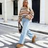 Wish Spring Women's Off-White Striped Loose Knit Round Neck Sweater