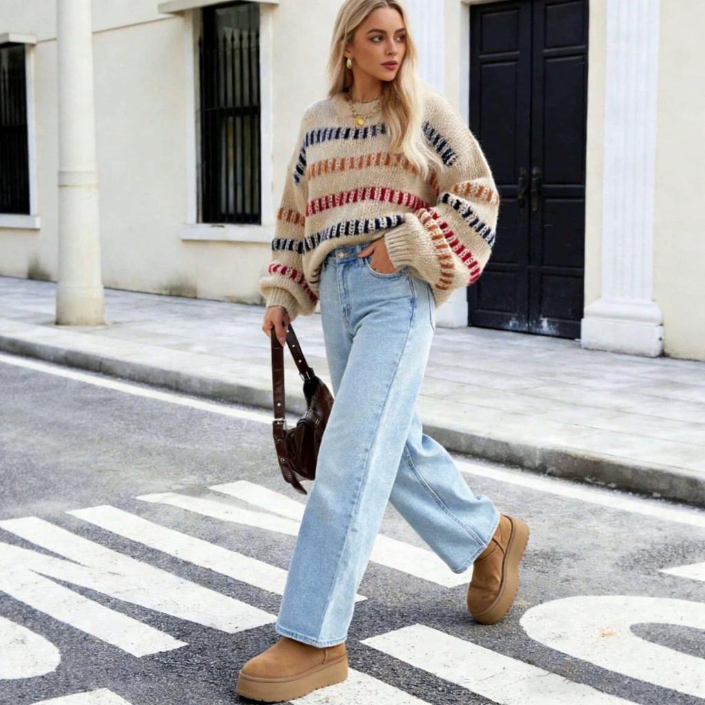 Wish Spring Women's Off-White Striped Loose Knit Round Neck Sweater