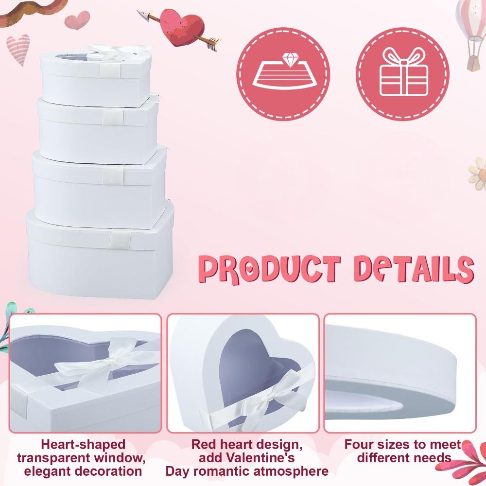 4pcs Flower Boxes Heart Shaped Gift Boxes Floral Gift Box Assorted Sizes with Transparent Window Lids and Ribbons Display Box Party Favor Box