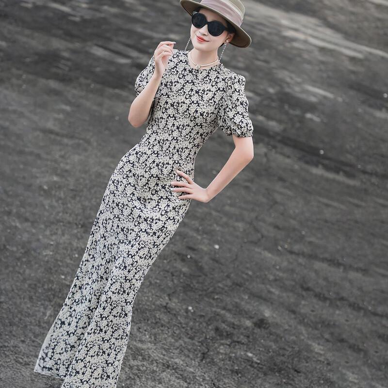 

Women s French Floral Puff Sleeve Fishtail Dress L