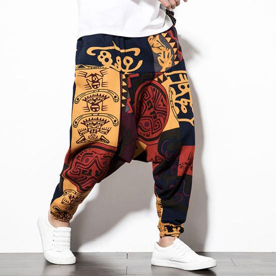 Harem Pants Large Crotch Ankle Tied Fashion Print Elastic Waist Loose Streetwear Plus Size Baggy Pants for Daily Wear