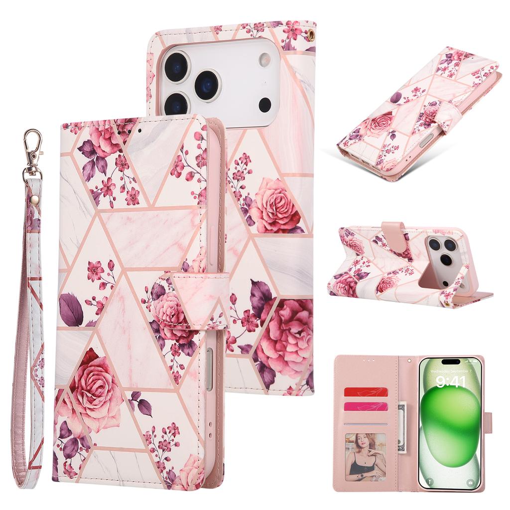 For iPhone 17 Pro Max Case Lacquered Marble Pattern Leather Phone Cover with Wrist Strap