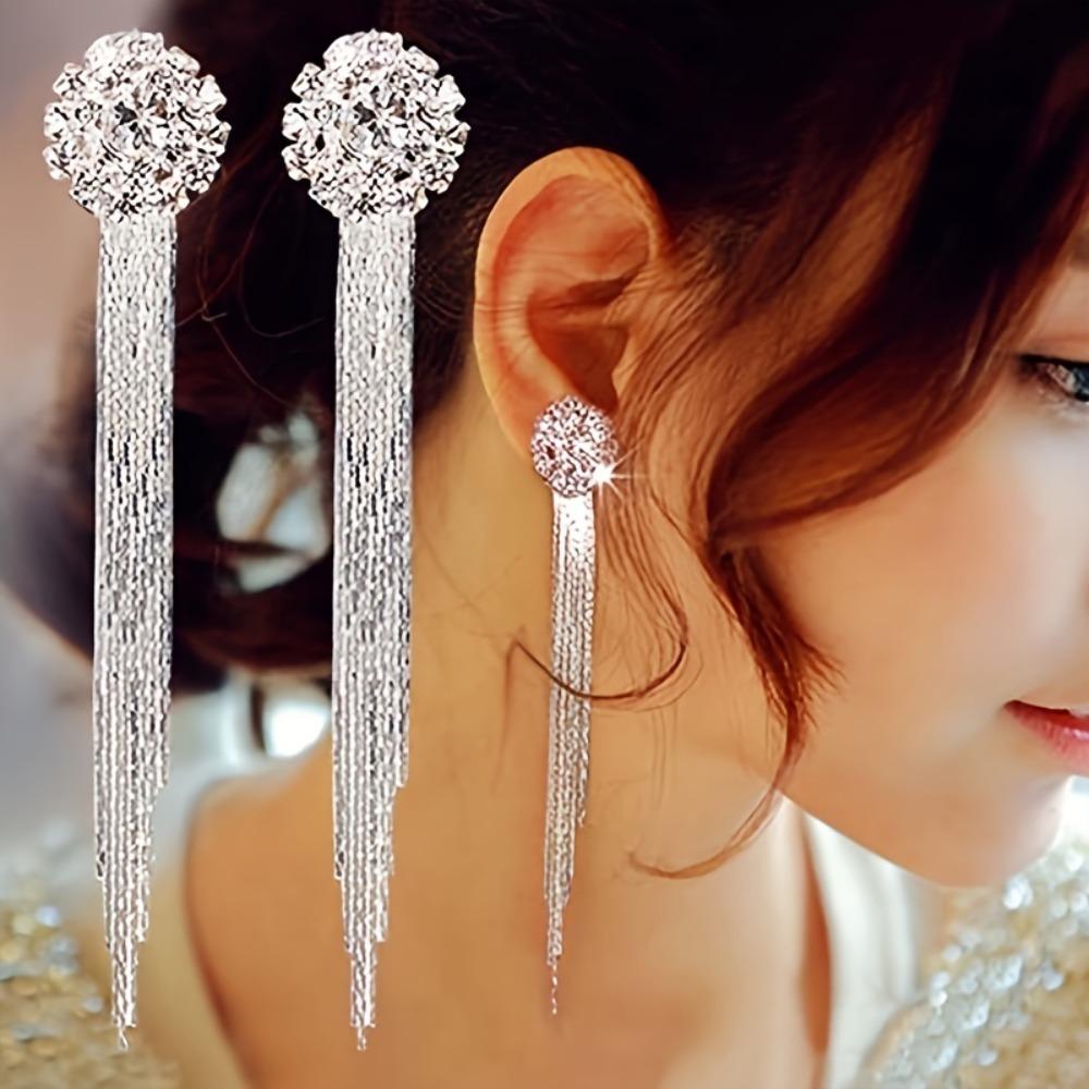 1Pair of Long Fringed Earrings, Korean Version of Fashion Temperament Exaggerated Diamond-set Round Earrings