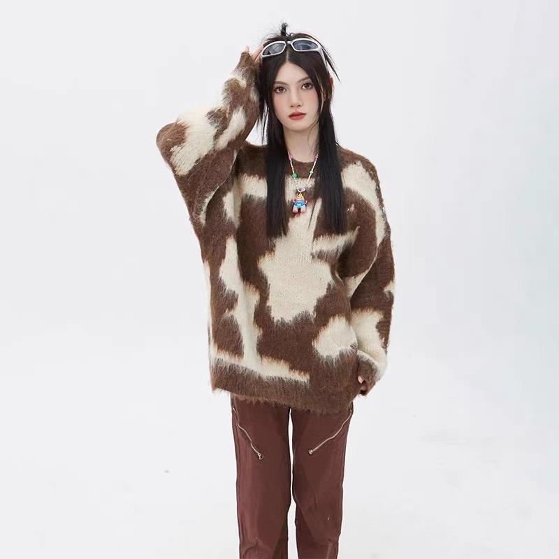 

Осень-зима женский свободный пуловер свитер новый модный длинный рукав О-образный вырез элегантный вязаный длинный топ винтажный принт повседневные свитера одежда 1447 One Size темно-коричневого