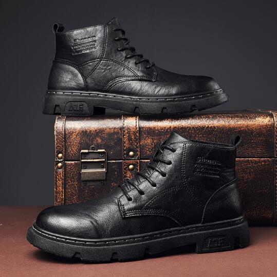 Male British Black Male Boots Fall High Top Tide Ankle Boots Casual Leather Motorcycle Boots D473