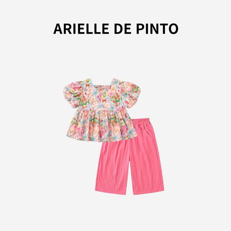 French Arielle De Pinto Girls  Summer Outfit Stylish Monet Garden Floral Doll Shirt Two-Piece Set Pink Suit 90