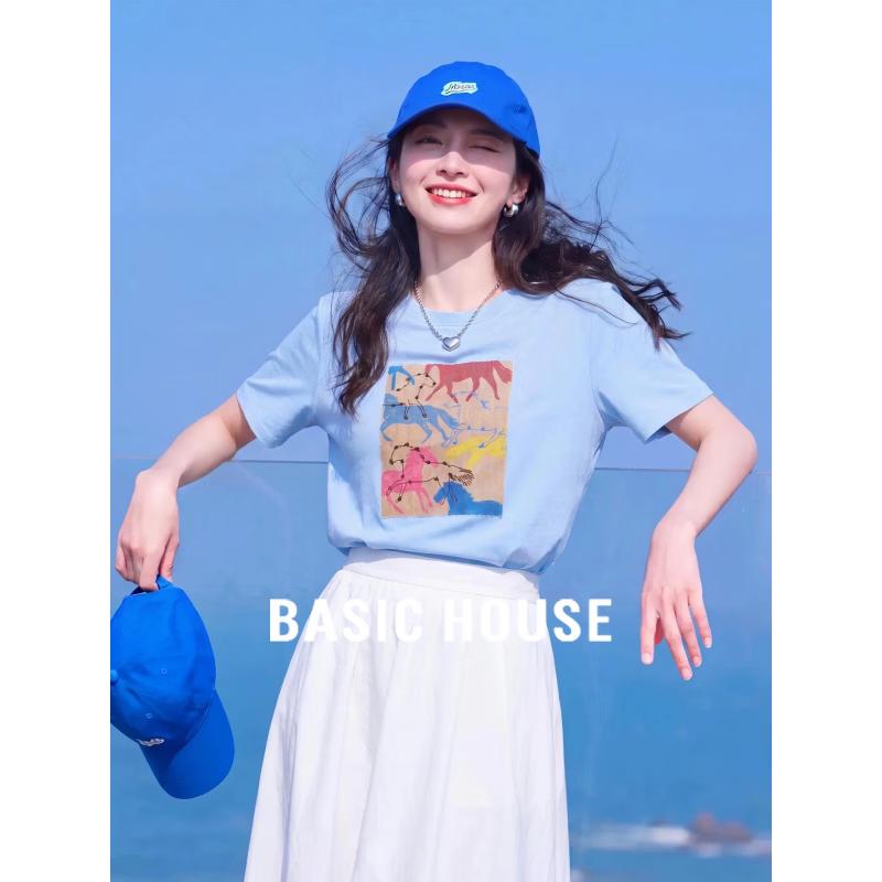 Basic House Women s Printed Cotton Short Sleeve T-Shirt One Size светло-синий