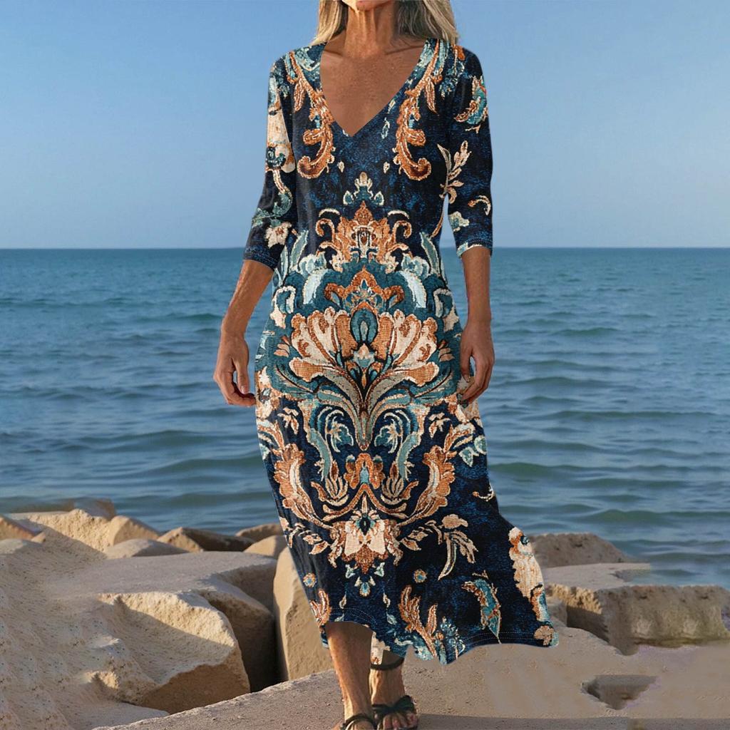 Dresses For Womens Vintage Print Tunic Waisted Midi Dress Summer Casual 3/4 Sleeve Dress