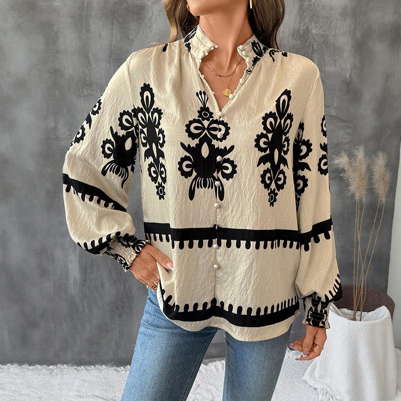 New Autumn Retro Ethnic Style Top Open-collar Stand-up Collar Printed Long-sleeved Shirt for Women