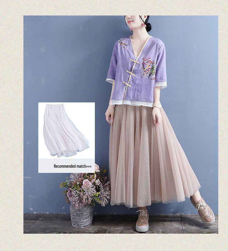Women's Ethnic V-Neck Embroidered Cotton-Linen Cardigan Top and Mid-Sleeve Tea Dress