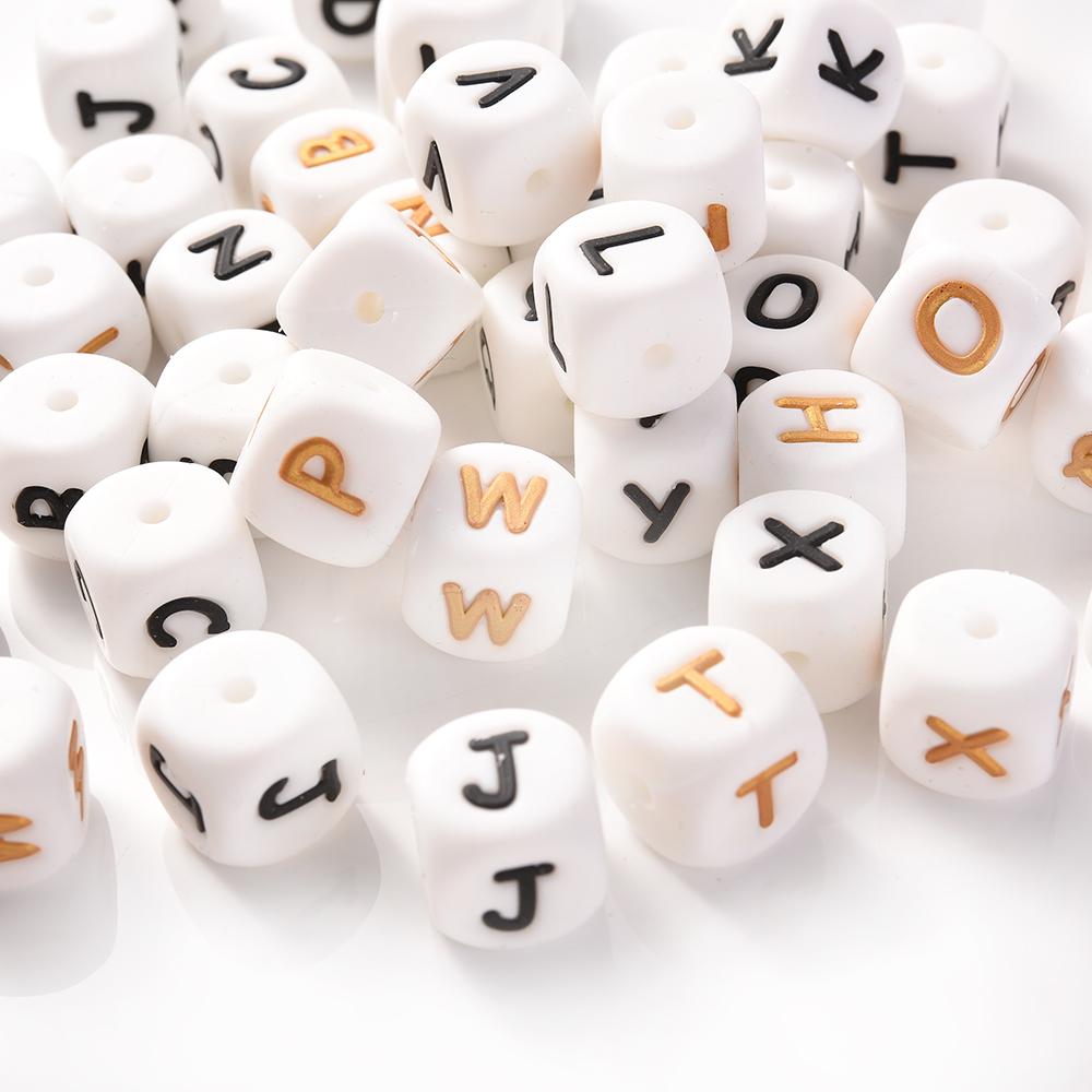 10Pcs 12mm Silicone Beads Letters Golden Black English Alphabet Letter Bead Bpa Free Material for Diy Chew Necklace Teether Toys