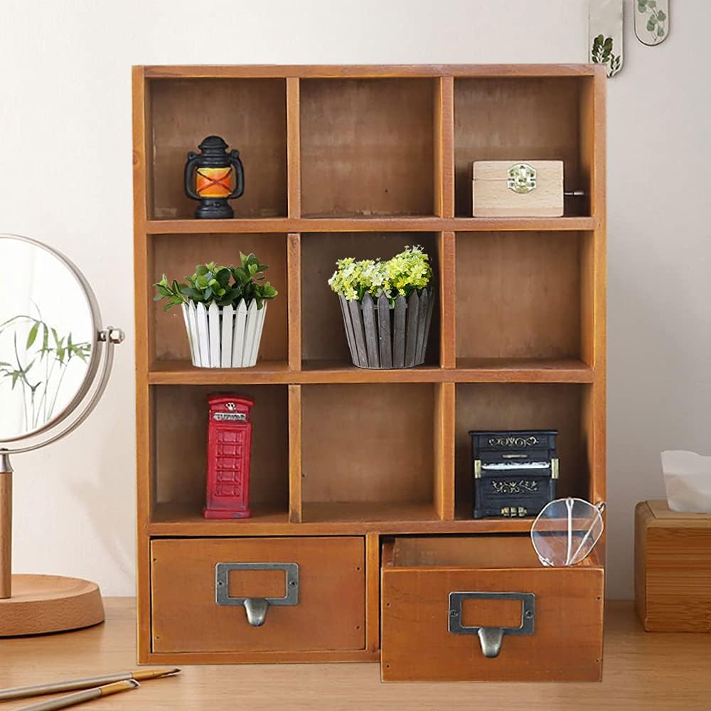 9 Compartment Wooden Storage Cabinet, Vintage Wooden Display Organizer with Two Drawer, Wall Mount or Freestanding