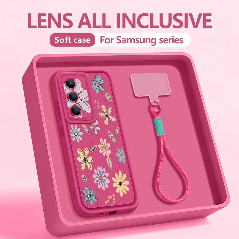 Wrist Lanyard Phone Case For Samsung Galaxy S26 S24 S25 Ultra S23 S25 FE A57 A17 A56 A16 A55 A54 A15 A25 5G Cartoon Flower Cover
