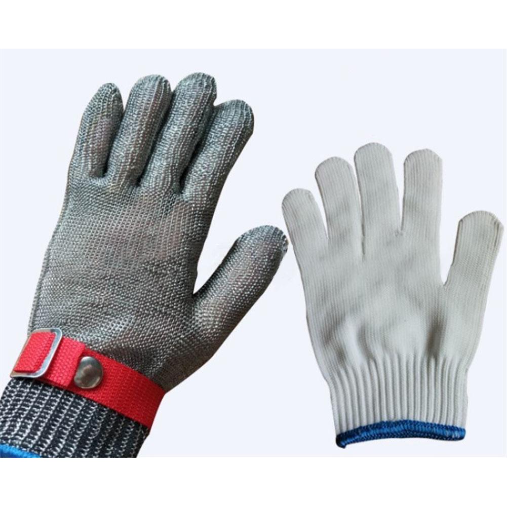 Slijtvaste, snijbestendige handschoenen van geweven roestvrij staal met metalen gesp.