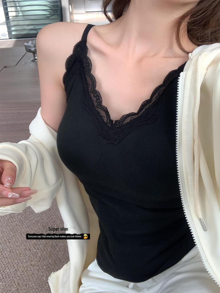 Damen Kaschmir Spitzen Trägertop mit festen Brustpolstern: Verdickte warme Unterwäsche, Slim Fit für Herbst und Winter.