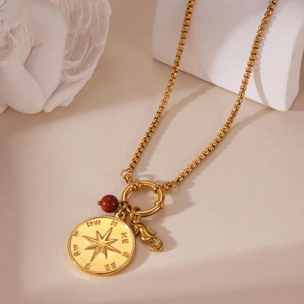 

Pirate Compass Anchor Pendant Necklace Women Collar Accessories Fashion Round Ceramic Stainless Steel Necklace Party Zircon