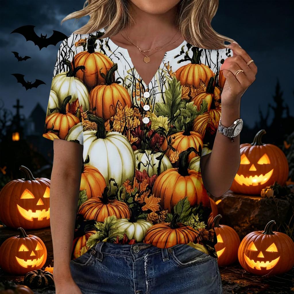 Women's Halloween Print Loose Fit V Neck Short Sleeve Top with Button Detail and Front Pocket Casual Blouse for Seasonal Wear